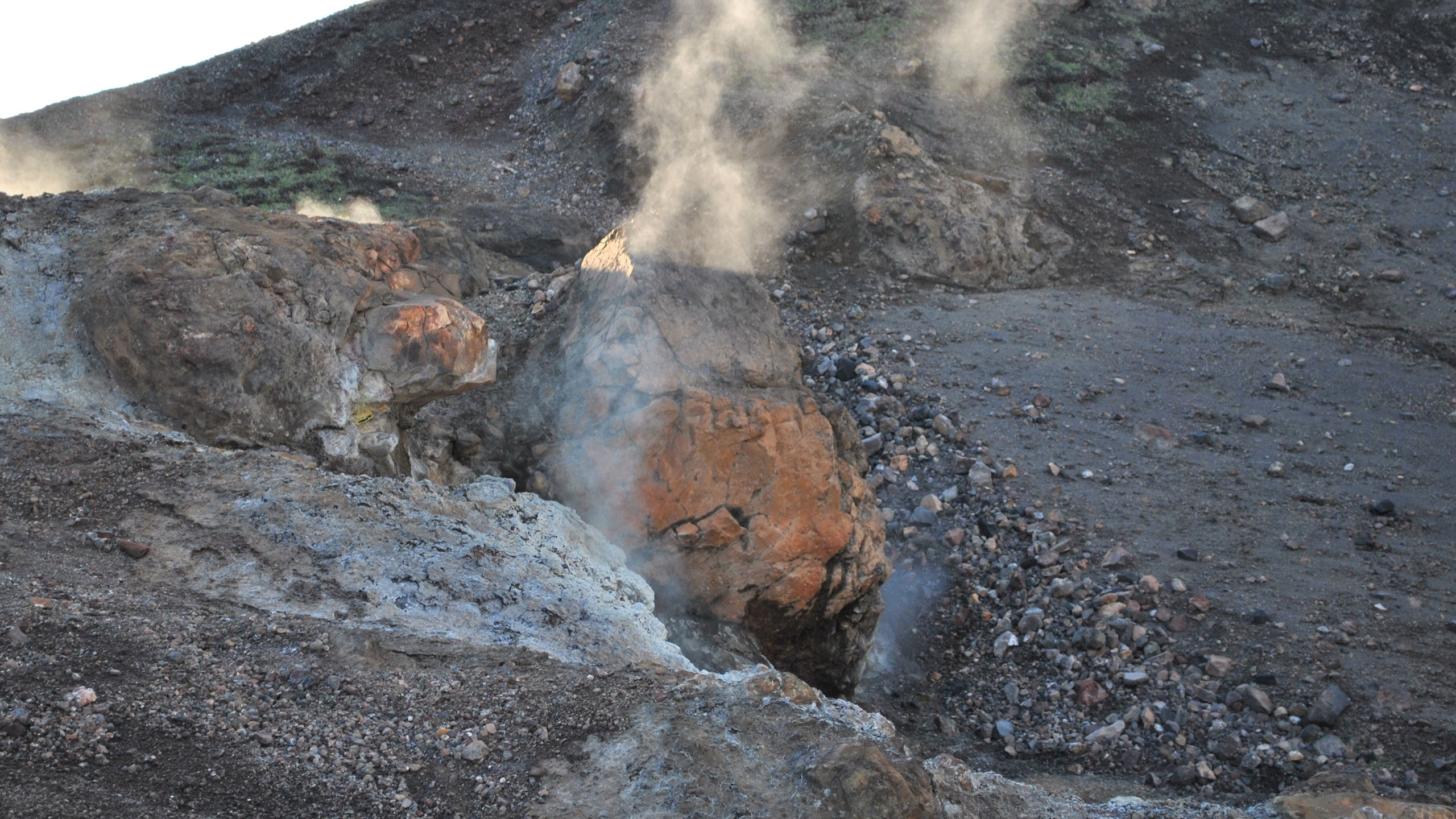 Fumaroles in Nea Kameni: Georgios crater active fumaroles emit hot gases